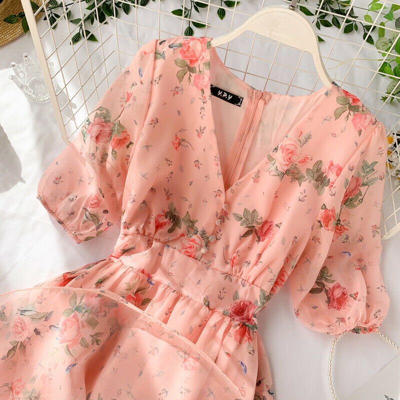 Lady Chiffon Mini Dress Floral Short Sleeve Lolita V-neck Sexy Fairy Summer New