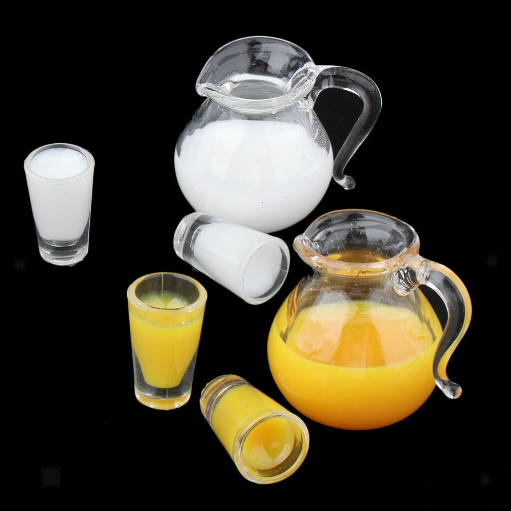 6Pcs 1:12 Scale Drink Juice Milk Jug Cups Kitchen Tableware Life Ornaments