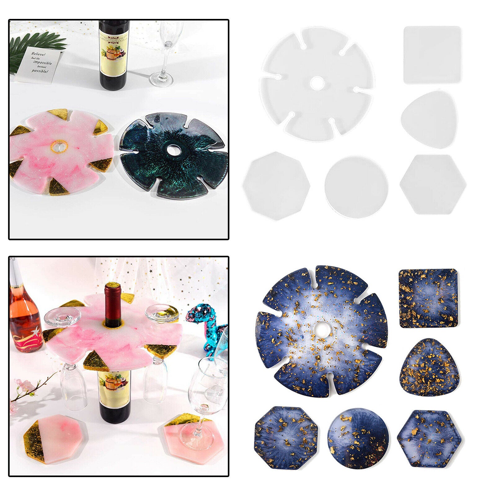 6x Wine Glass Holder Mold Clear Cup Mat Round Making Coaster Mould Hexagon