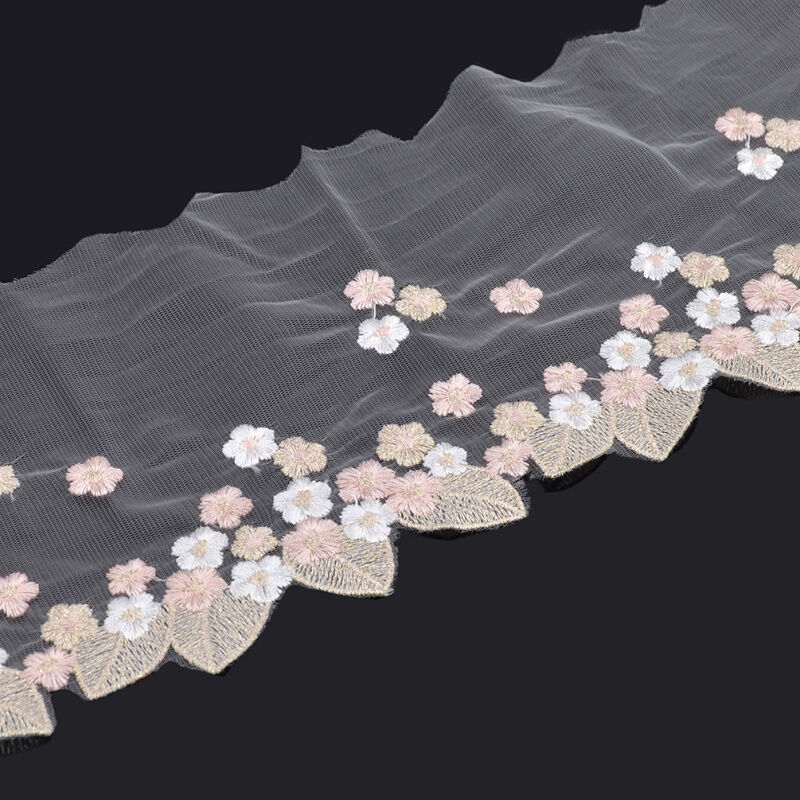 1 Yard Transparent Tulle Lace Trim White Pink Flower Embroidery Wedding Fabric