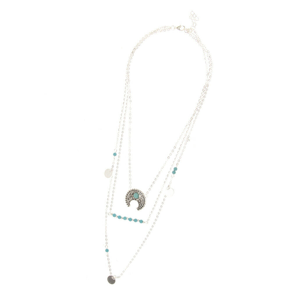 Retro Boho Turquoise Crescent Moon Pendant Multilayer Long Chain Necklace