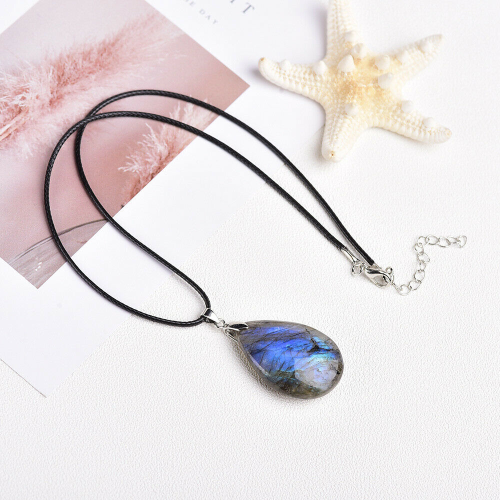 Energy Necklace Labradorite Natural Stone Water Drop Shaped Pendant Jewelry Gift