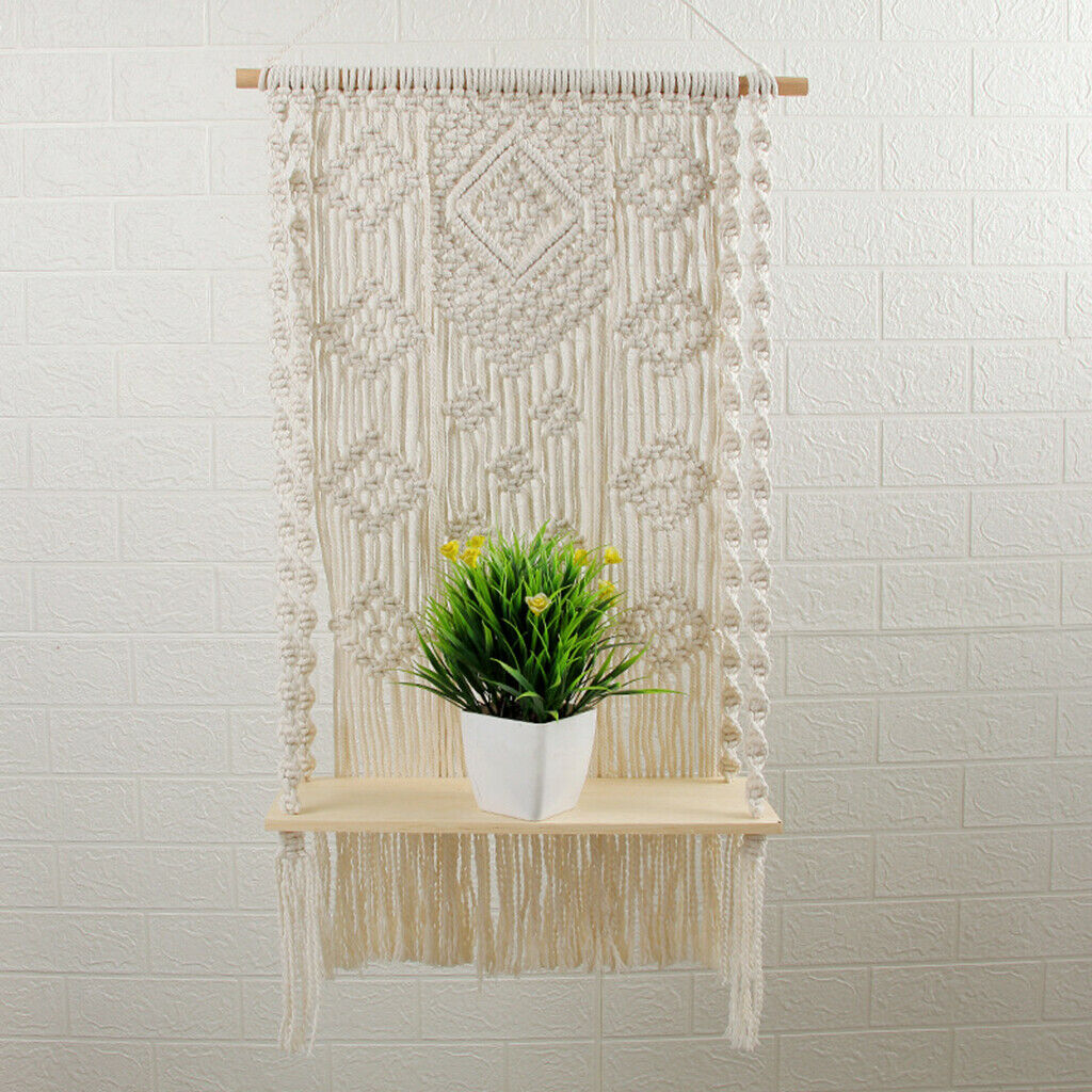 Boho Wall Hanging Shelf Woven Cotton Rope Tapestry Tassel Books Hanger
