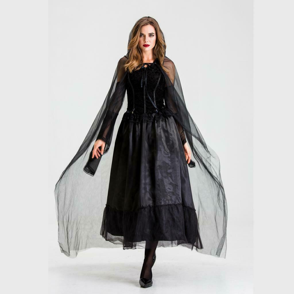 Women's Evil Witch Costume Halloween Party Fancy Long Dress Black Gown XL