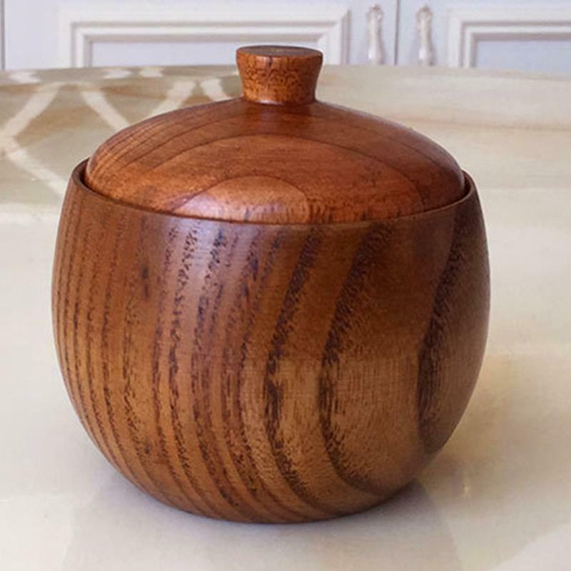 Wooden Salt Box Condiment Seasoning Storage Container Spice Box With Spoon