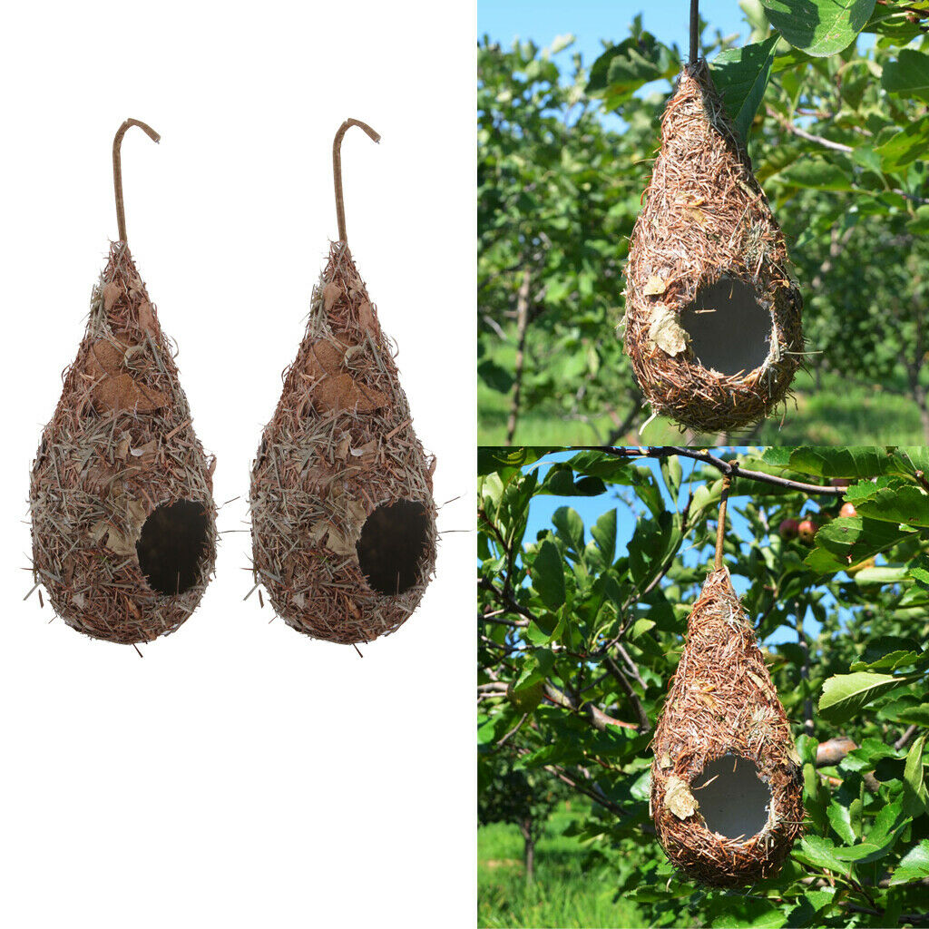 2 Pieces Handmade Woven Straw Bird Nest Cage Birdhouse Bed House for Parrot