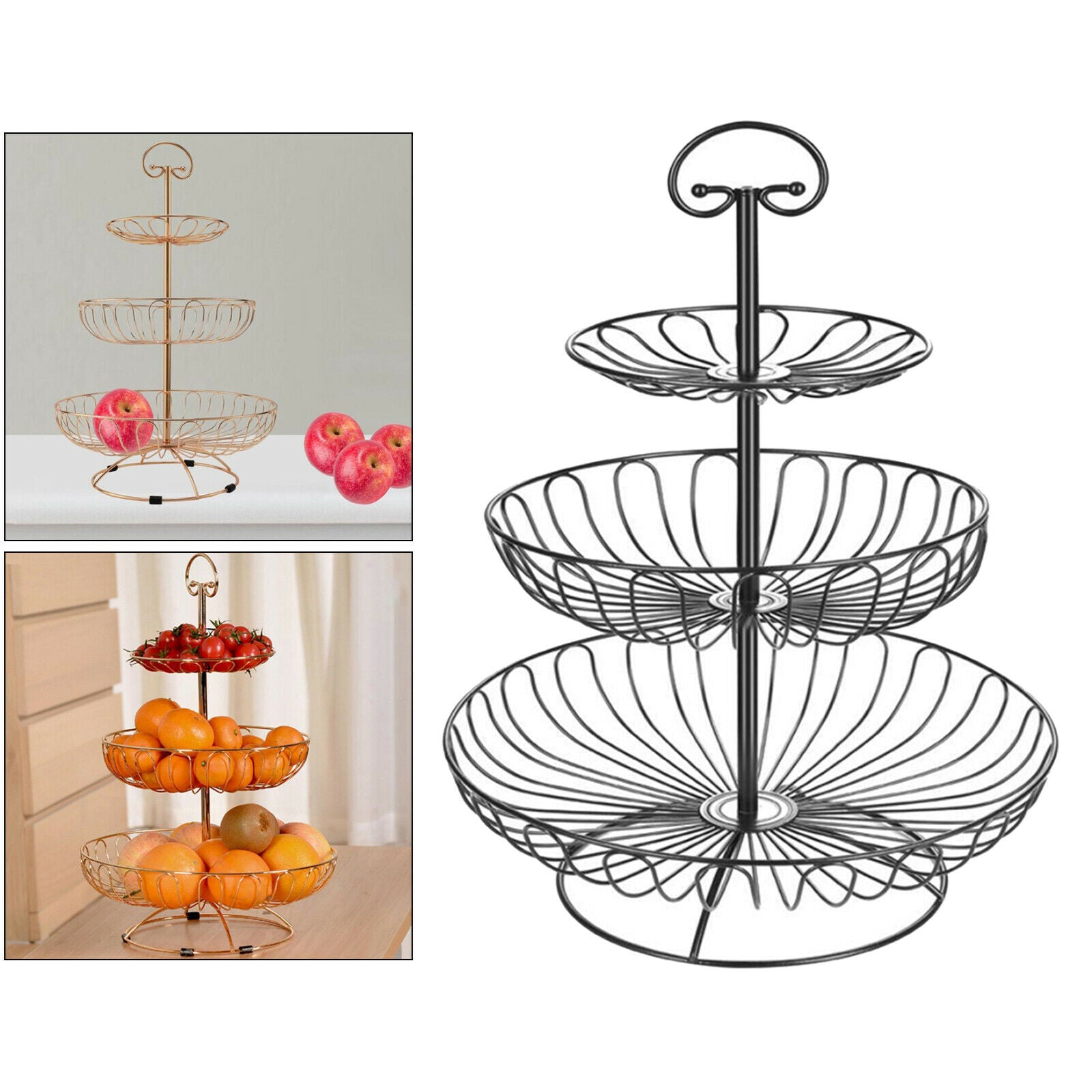 3 Tired Metal Wire Basket Rack Stand for Fruit, Vegetables, Snacks Black