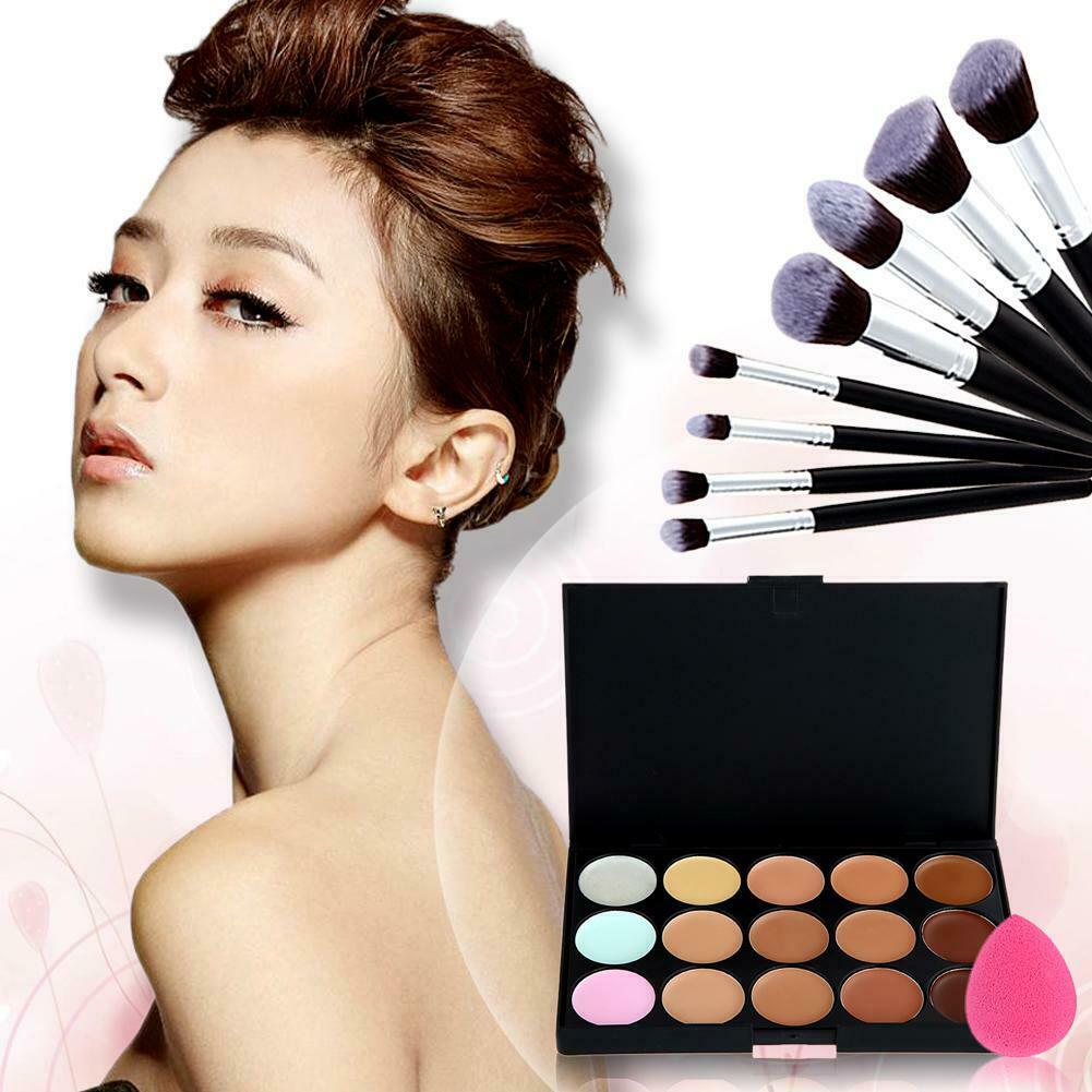 15 Colors Makeup Concealer Palette + 8PC Powder Brush + Sponge Foundation @