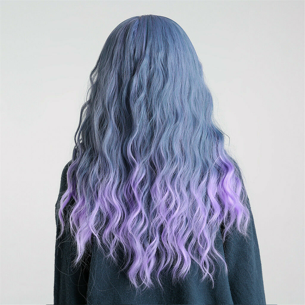 24" Blue Ombre Purple Synthetic Wigs Long Curly Anime Wig for Women w/ Bangs