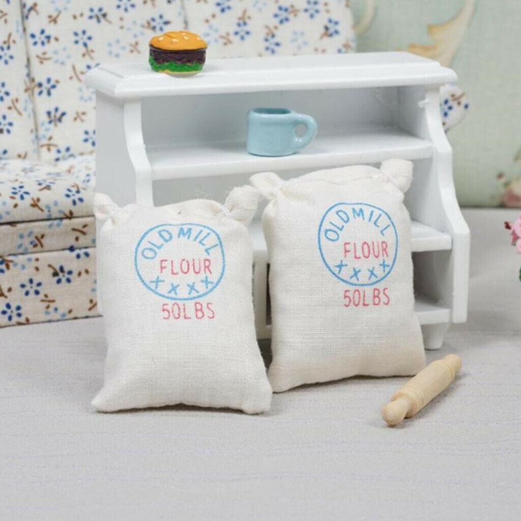 1/12 Simulation Two Bags Flour Sack Rolling Pin Kitchen Room Ornaments