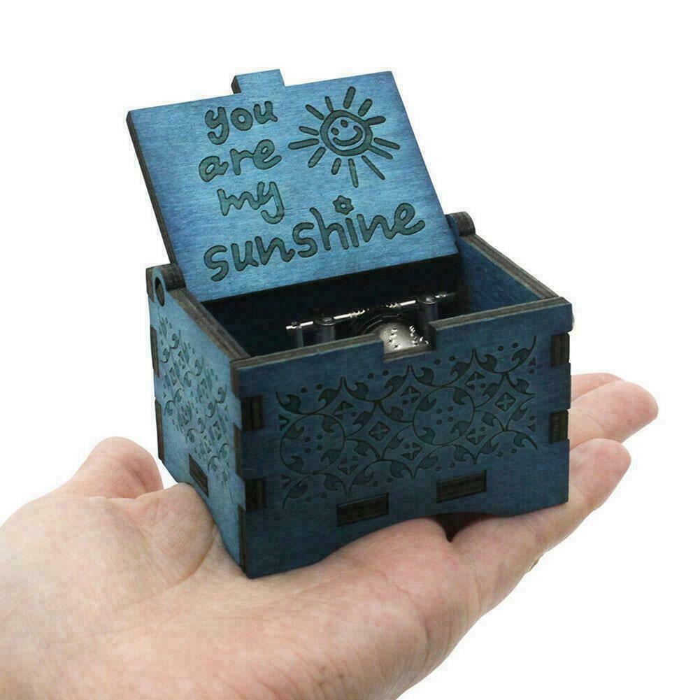 Music Box You are My Sunshine blue,Wooden Classic Music Crafts Crank Box