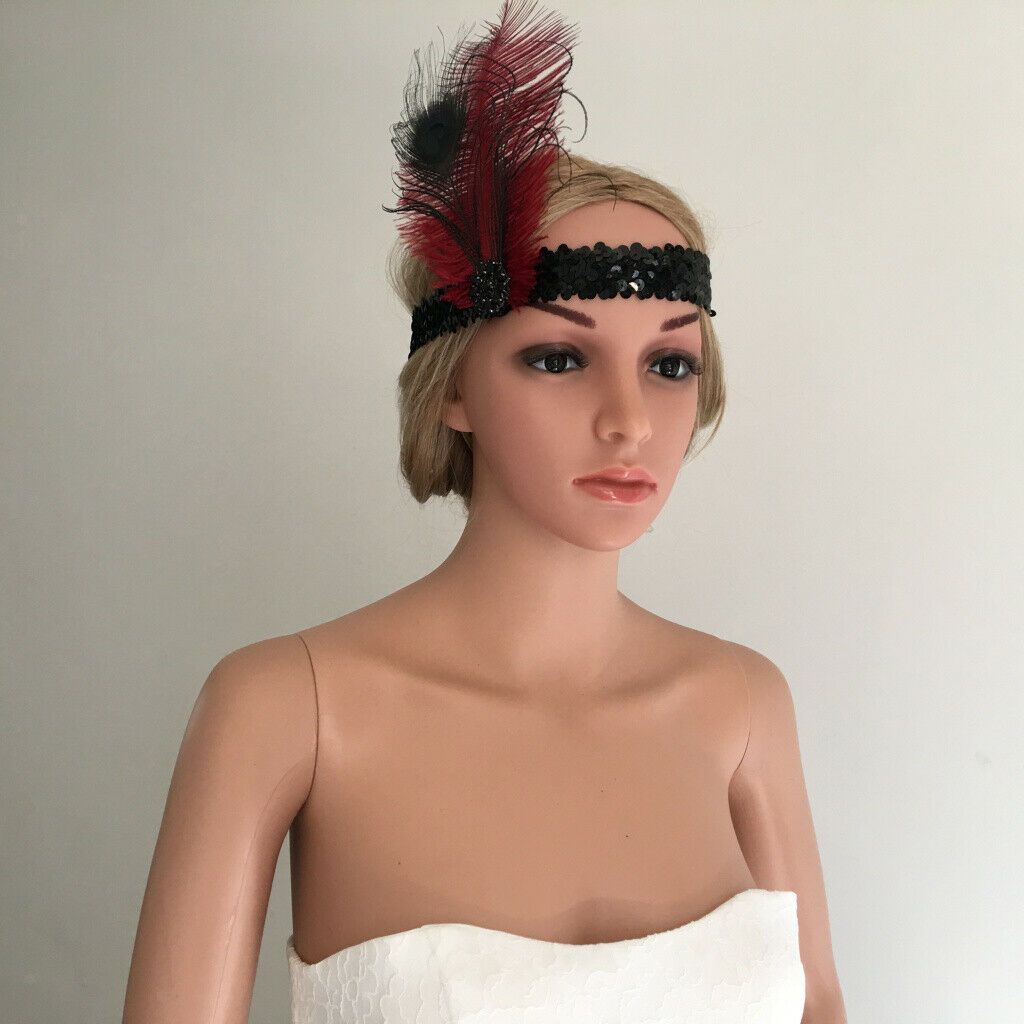 1920s Flapper Red Feather Headband,  Hair Accessories for Wedding Tea Party