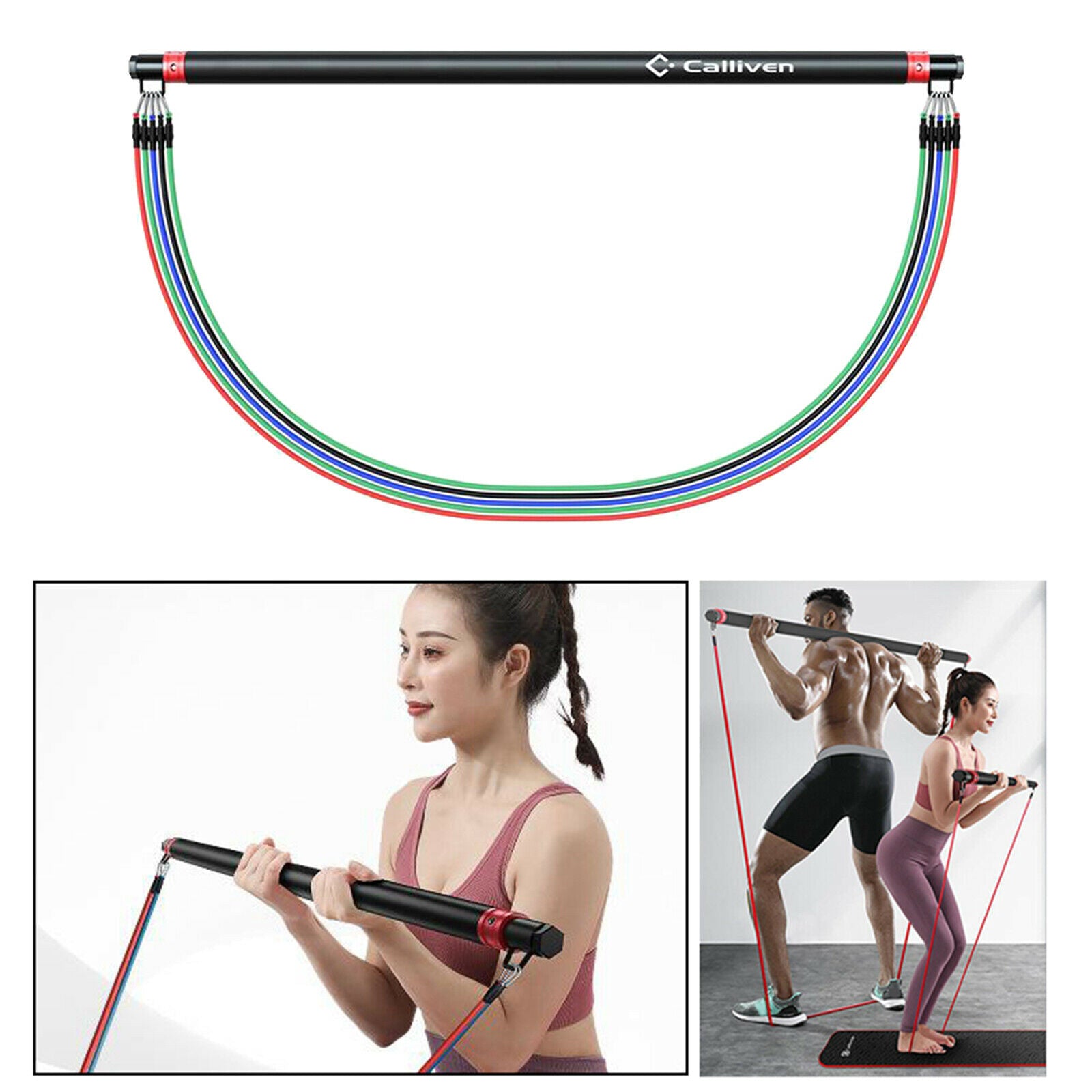 Fitness Pilates Bar Kit Folding Resistance Bands Tubes 100lbs Abdomen Toner
