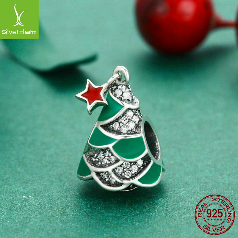 925 Sterling Christmas beads Tree & Star Clear CZ Charm Beads fit Women Bracelet