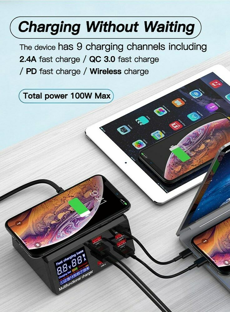 100W PD Fast Charger 8 Ports USB Charger QC 3.0 Adapter HUB Wireless Charger CA
