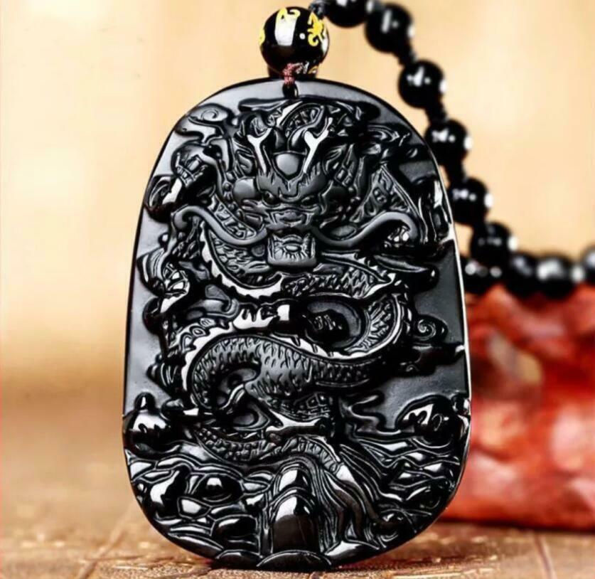 Natural Energy Stone Black Obsidian Chinese Dragon Lucky Amulet Necklace Pendant