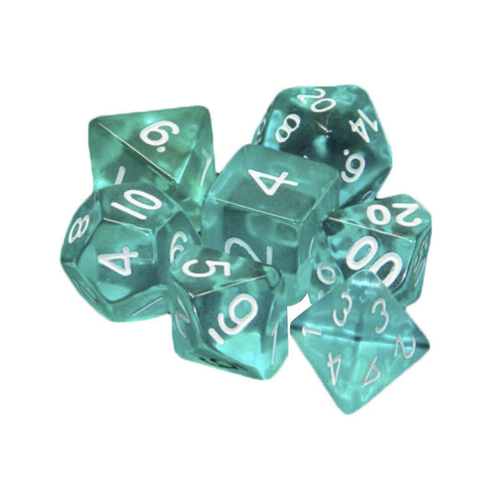 Lots of 7 Piece Polyhedral Set Cloud Drop Translucent Teal RPG DnD With Dice Bag