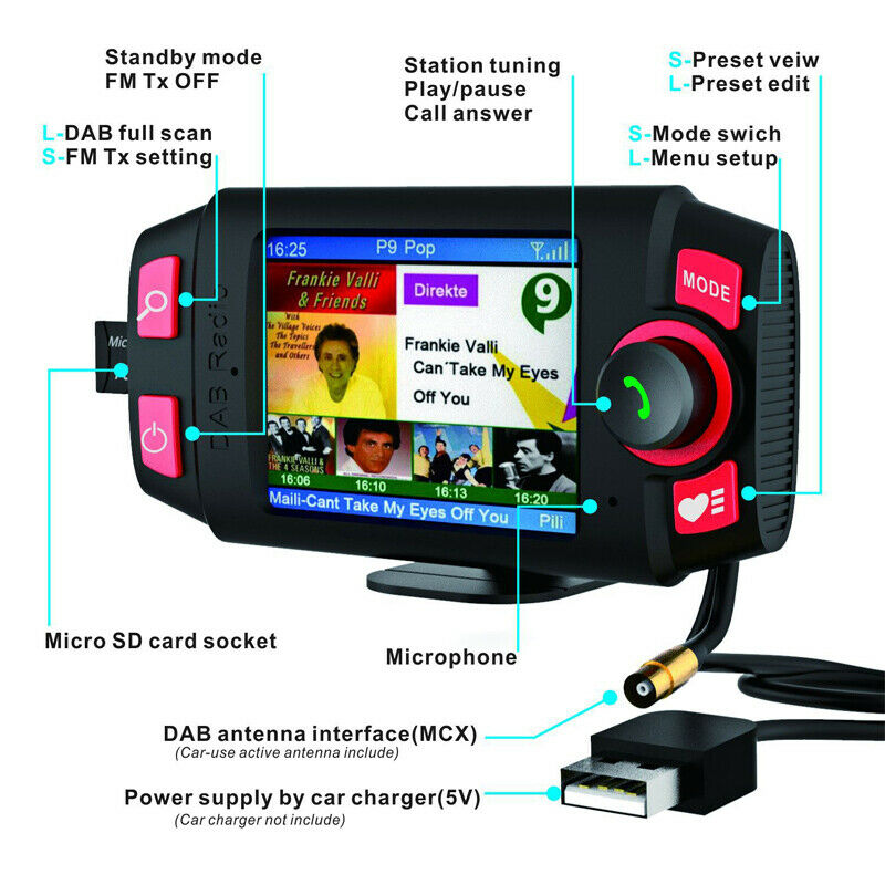 Auto Car DAB/ DAB+Digital FM Radio Adapter Receiver w/ Bluetooth Music Streaming
