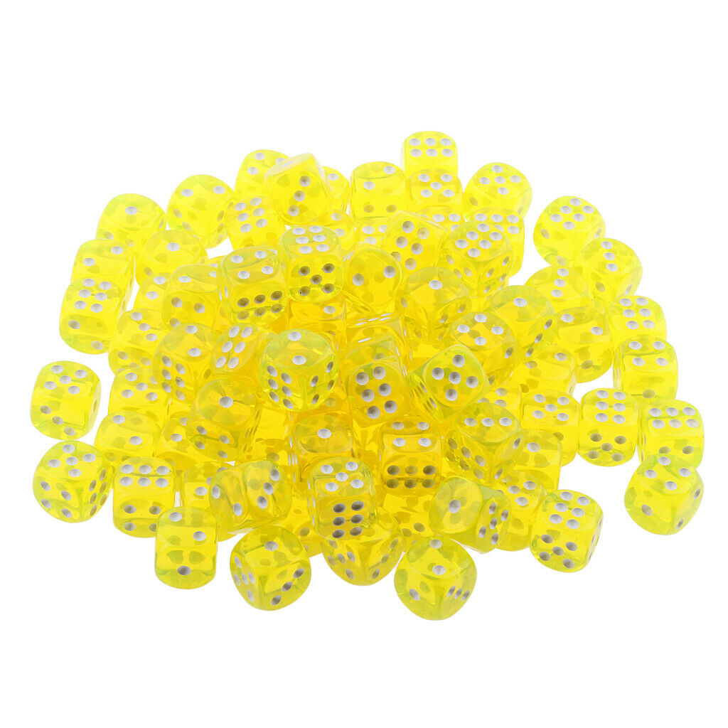 100 Translucent Colored Dice Set  6-sided Dice for Game or Learning Math Yellow