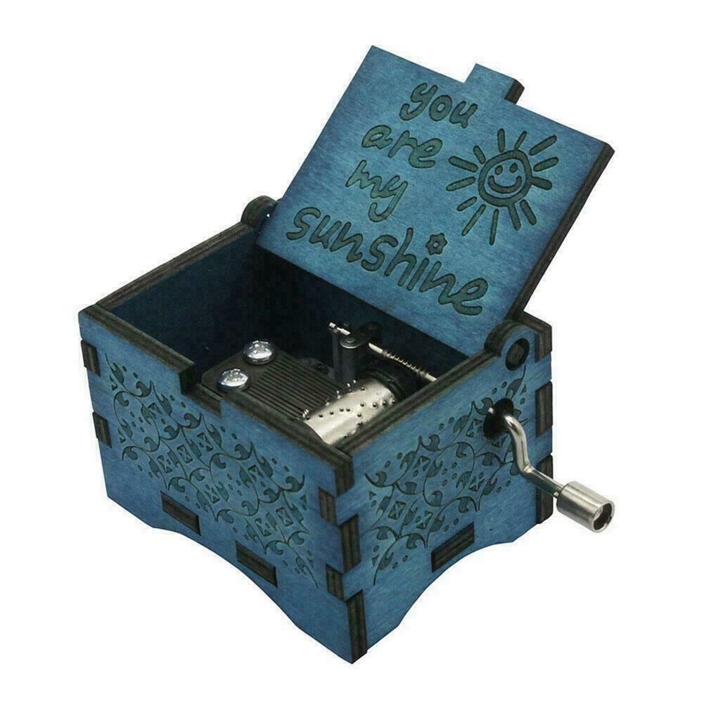 Music Box You are My Sunshine blue,Wooden Classic Music Crafts Crank Box