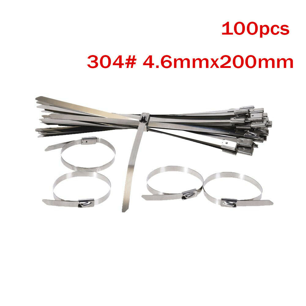 100Pcs Stainless Steel Metal Cable Ties Zip Wire Wraps Exhaust Straps 4.6x200mm