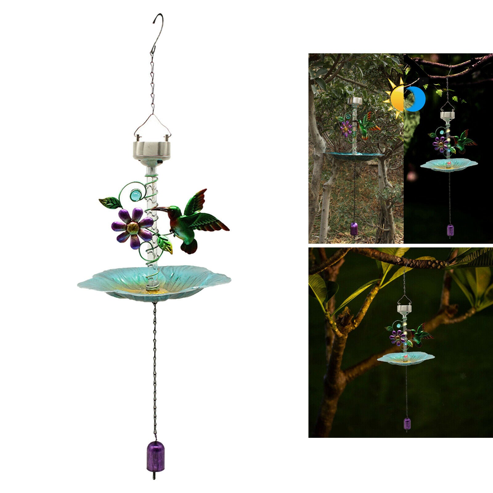 Solar Bird Feeder Outside w/ Bird and Flower Patio Ornament Waterproof