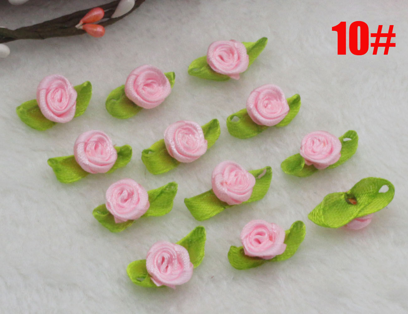 100Pcs Pink Satin Ribbon Rose Rosebud Flower Leaves Applique Dress Trim Craft