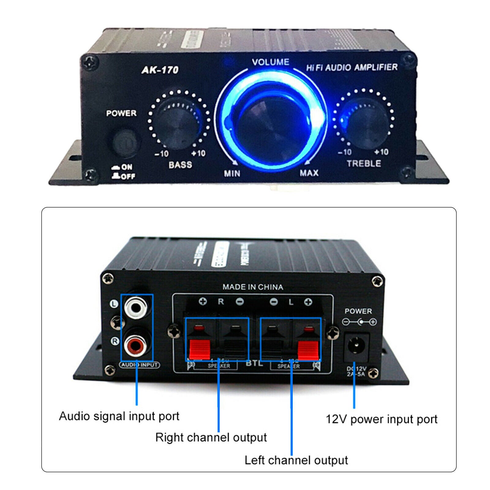 AK170 Power Amplifier Audio Receiver Dual Channel Bass Treble Subwoofer