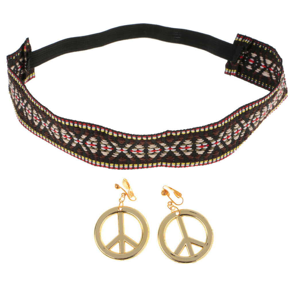 Women Lady Hippie Headband Peace Earrings Kit Party Costume Dress Gift New