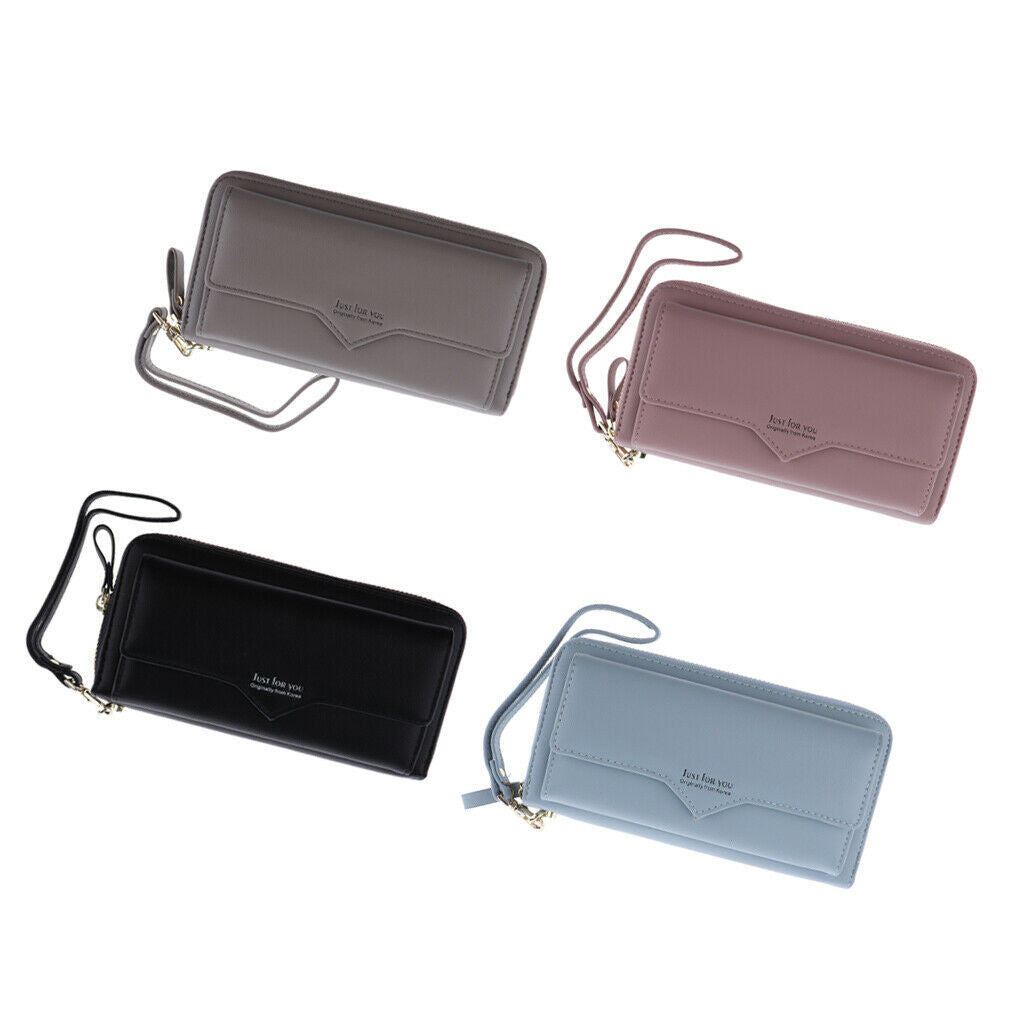 Women PU Leather Wallet Long Bifold Wristlet Purse Clutch Card Holder Black