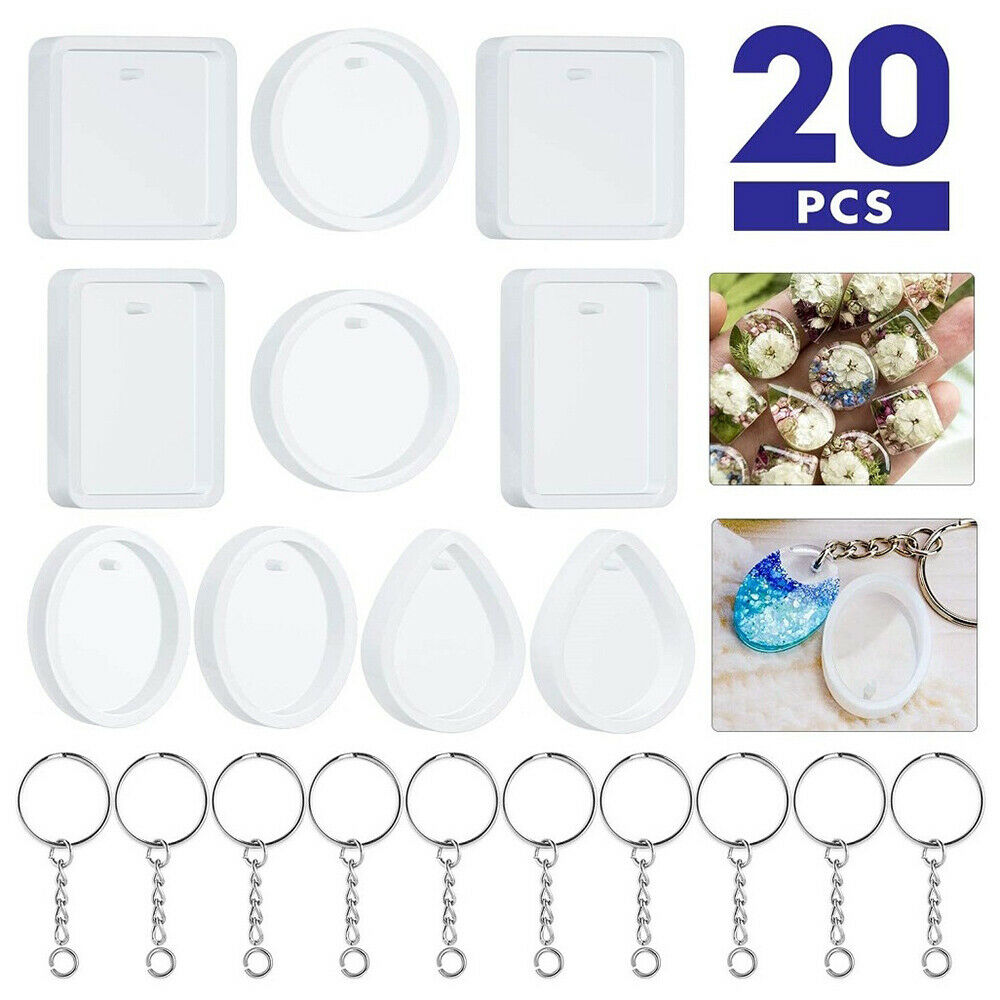 20Pcs/set Silicone Molds DIY Pendant Drop Round Square Epoxy Mold with Key Rings