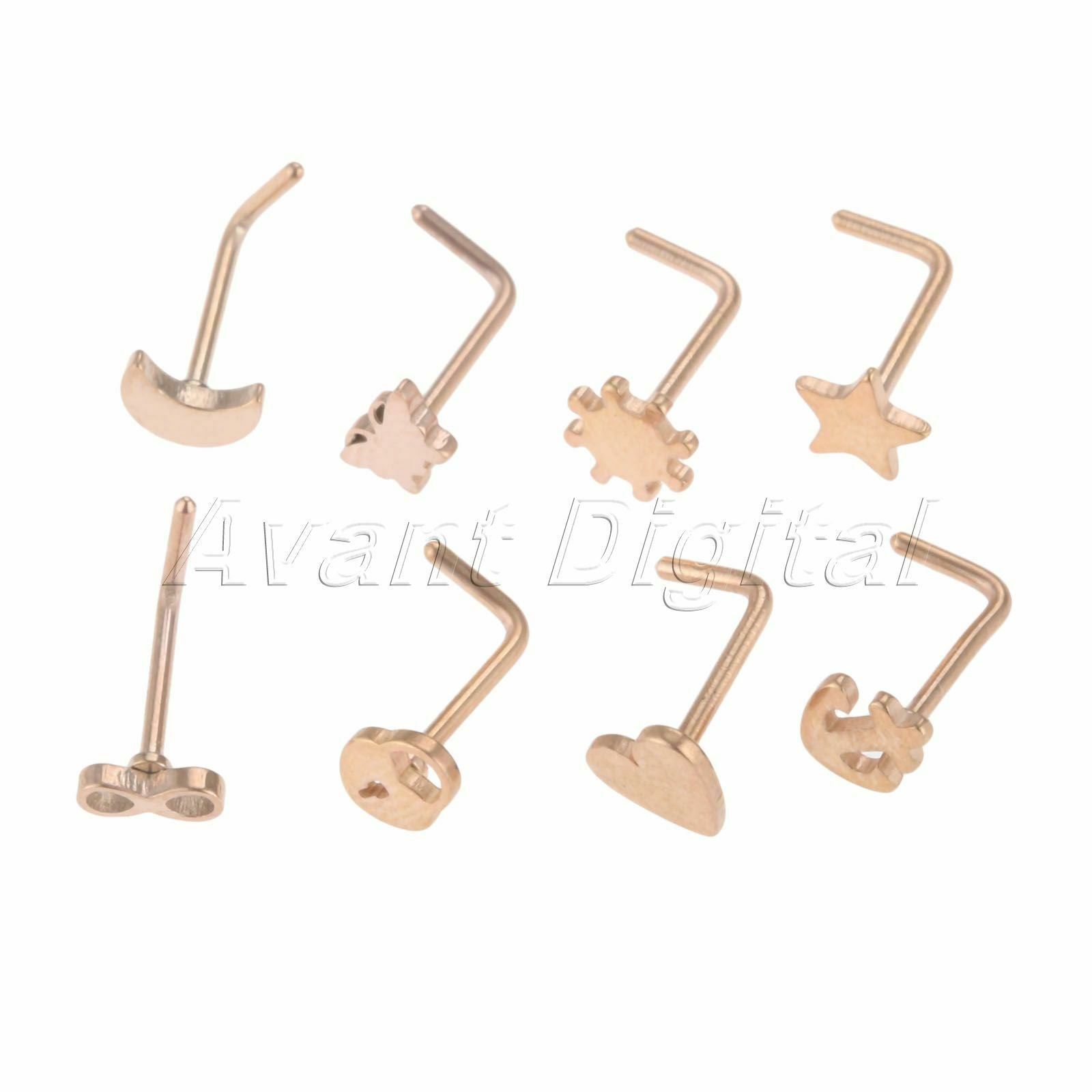0.8mm Anchor Butterfly Star Shaped Nose Stud Nail Ring Men Women Set Rosegold