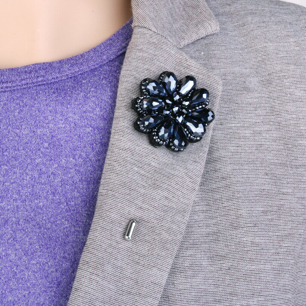 Crystal Beaded Flower Stick Brooch Tuxedo Corsage Tie Hat Pin Navy Blue