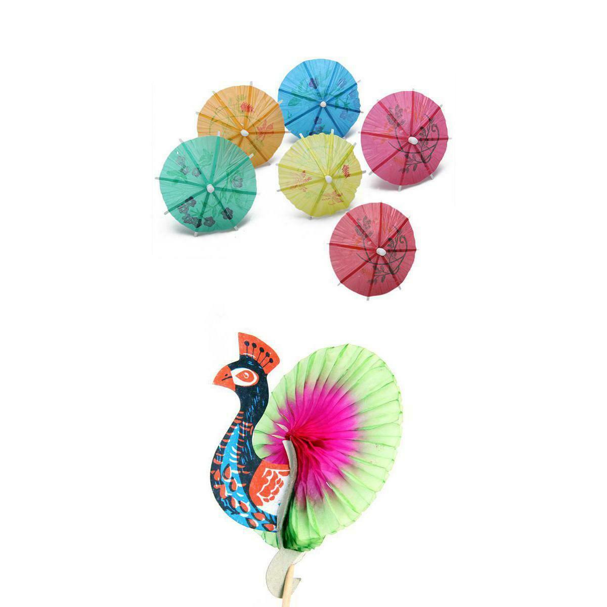 194Pcs Cocktail Fruit Drink Cake Umbrella/Peacock Picks Sticks Party Club Decor