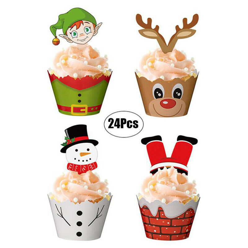 24X Christmas Snowman Santa Claus Cupcake Toppers And Wrappers Xmas Decor.l8