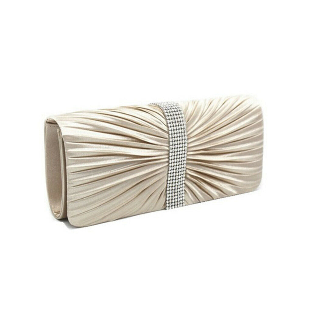 Women Elegant Crystal Satin Pleated Evening Party Wedding Handbag Apricot