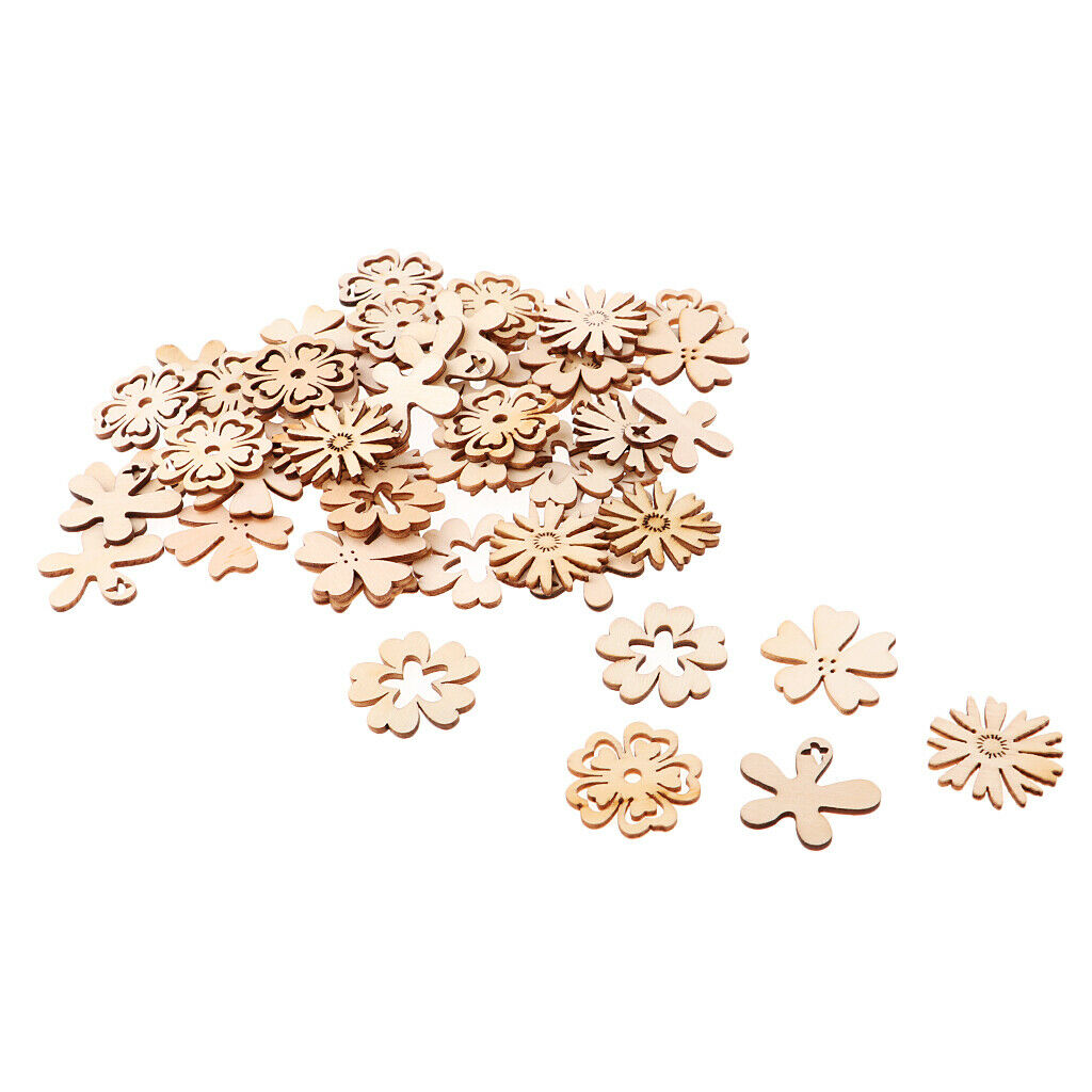 50pcs Chic Wood Buttons Cutout Flowers Shapes Wooden Craft DIY Scrapbooking
