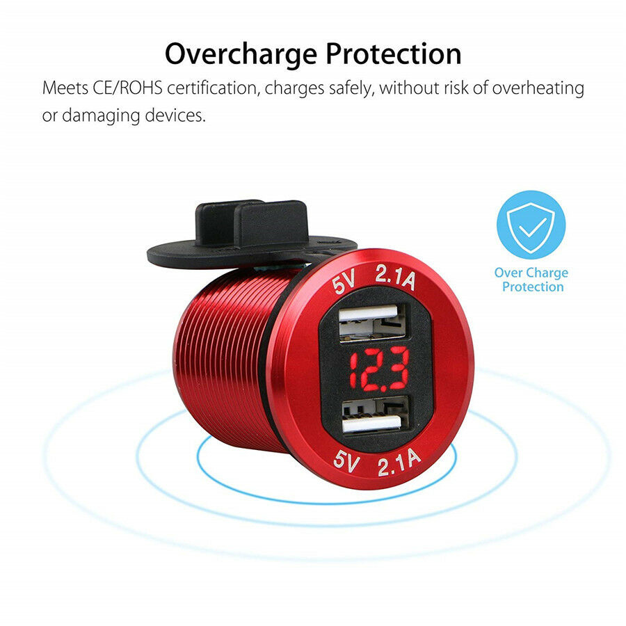 Red 12V Dual USB Port 4.2A Car Cigarette Lighter Charger Socket w/ LED Voltmeter