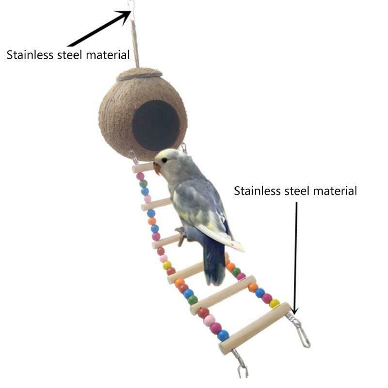 Coconut Bird Nest Hut with Ladder for Parrots Parakeets Conures Cockatiels