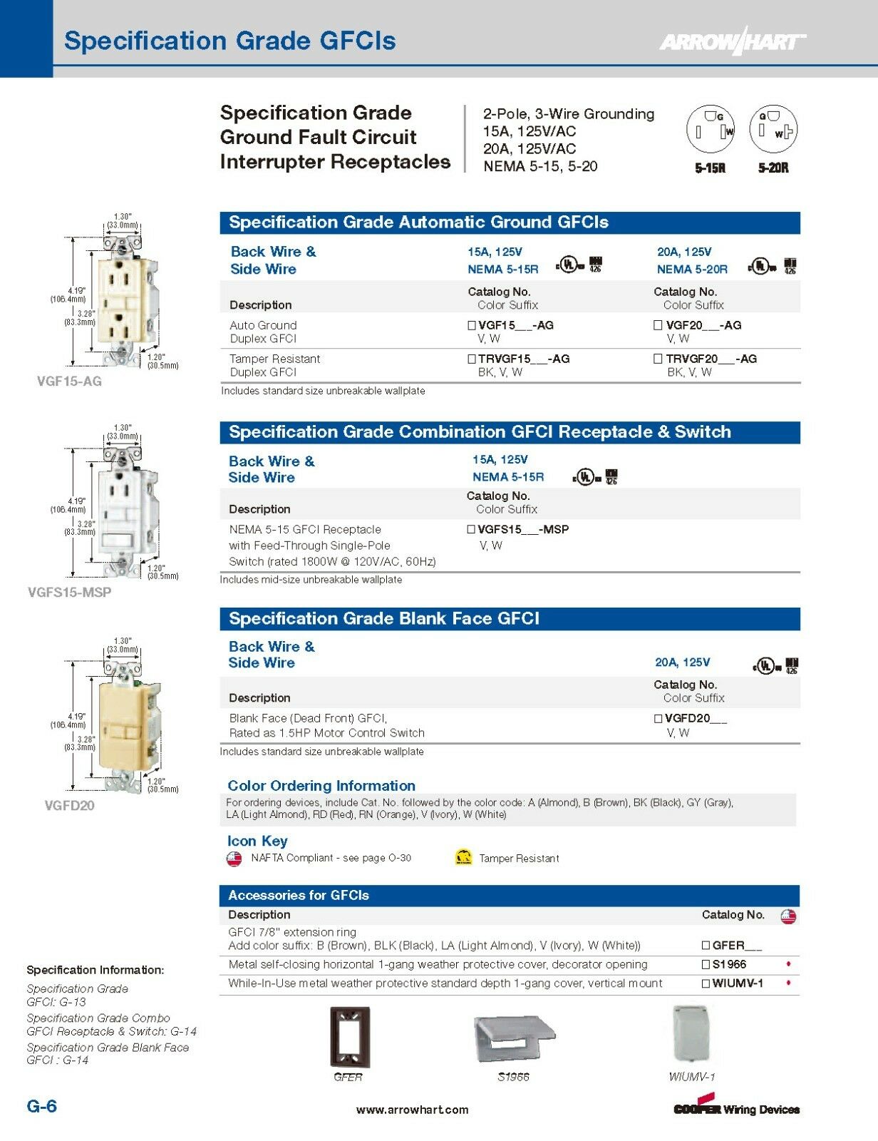 1pcs-COOPER Wiring VGFS15W-K Switch/GFCI Receptacle 15A-125V NEMA 5-15 Outlet