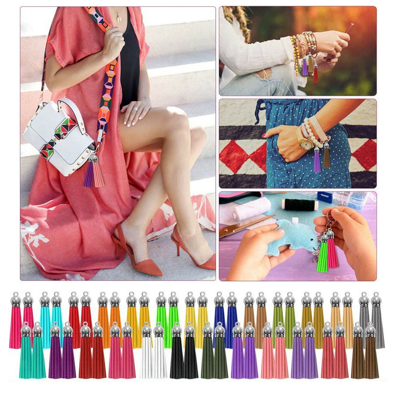 50 Pieces Colored Leather Keychain Tassels Pendants DIY Fringe DIY Craft