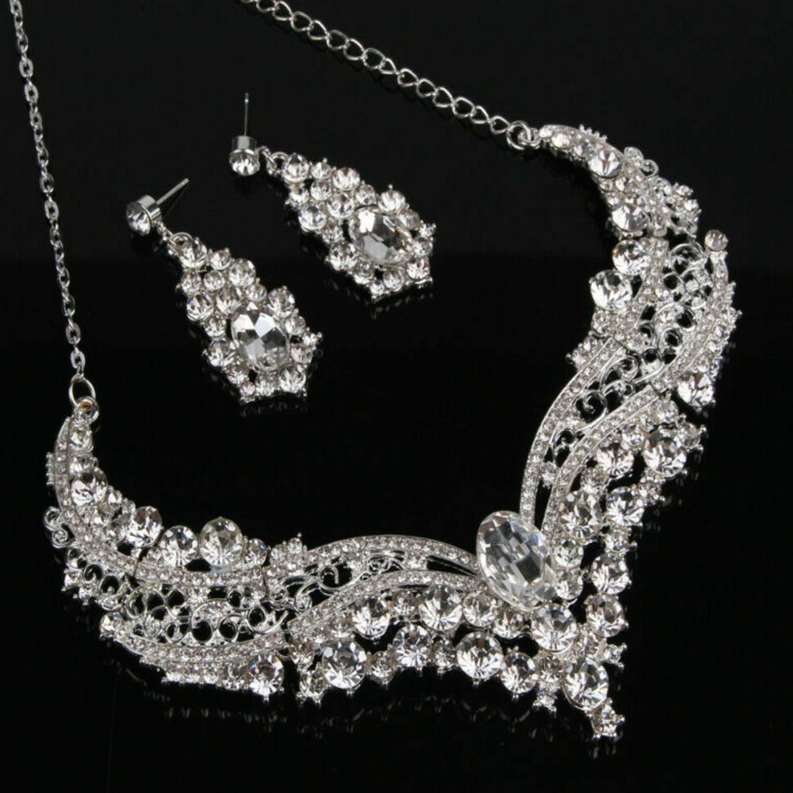 Women Bridal Wedding Cut Crystal Cubic Necklace Earrings Jewelry Set Prom Party
