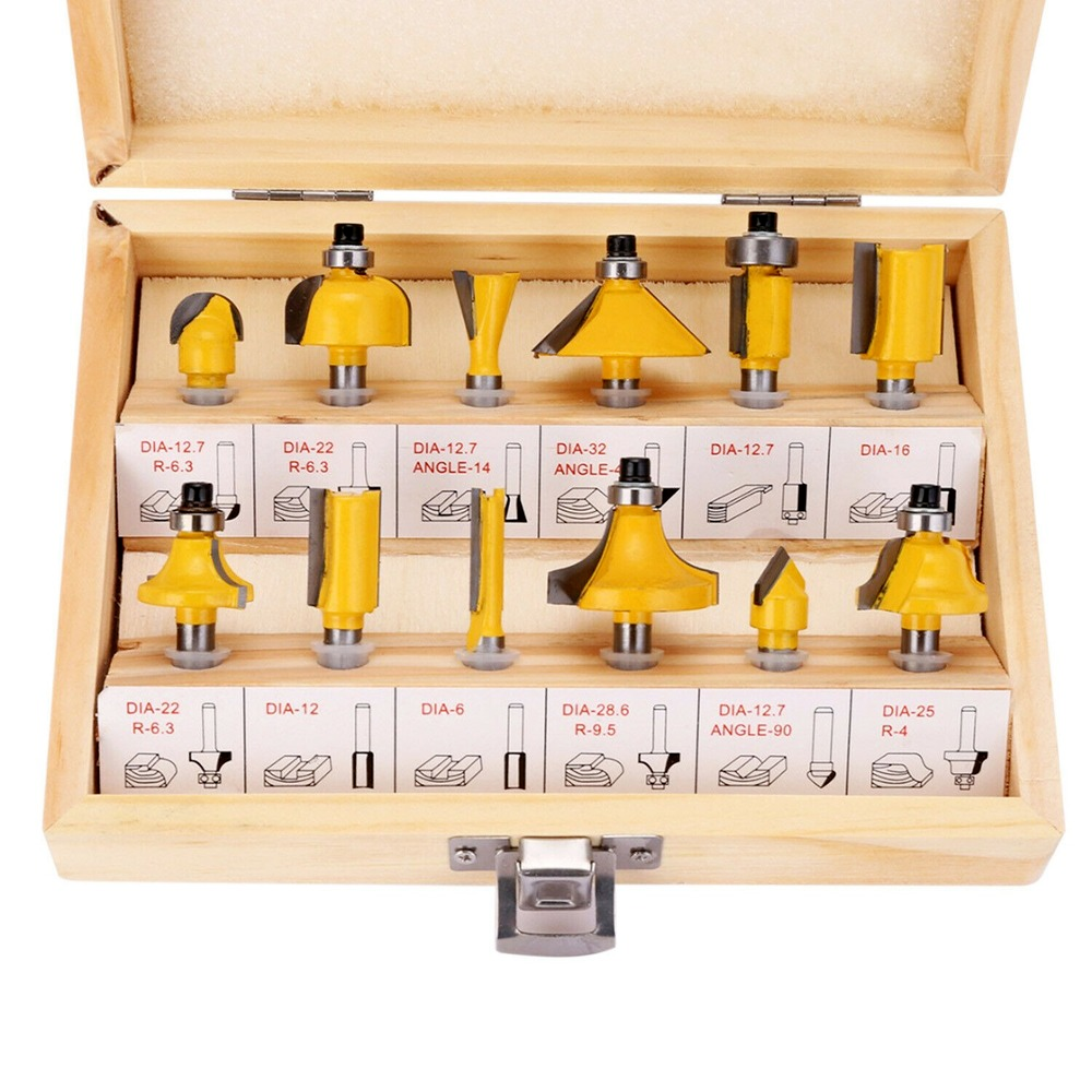 12 PCS Tungsten Carbide Tipped TCT Router Bits 1/4" Shank Sealed Bearing Bit Set