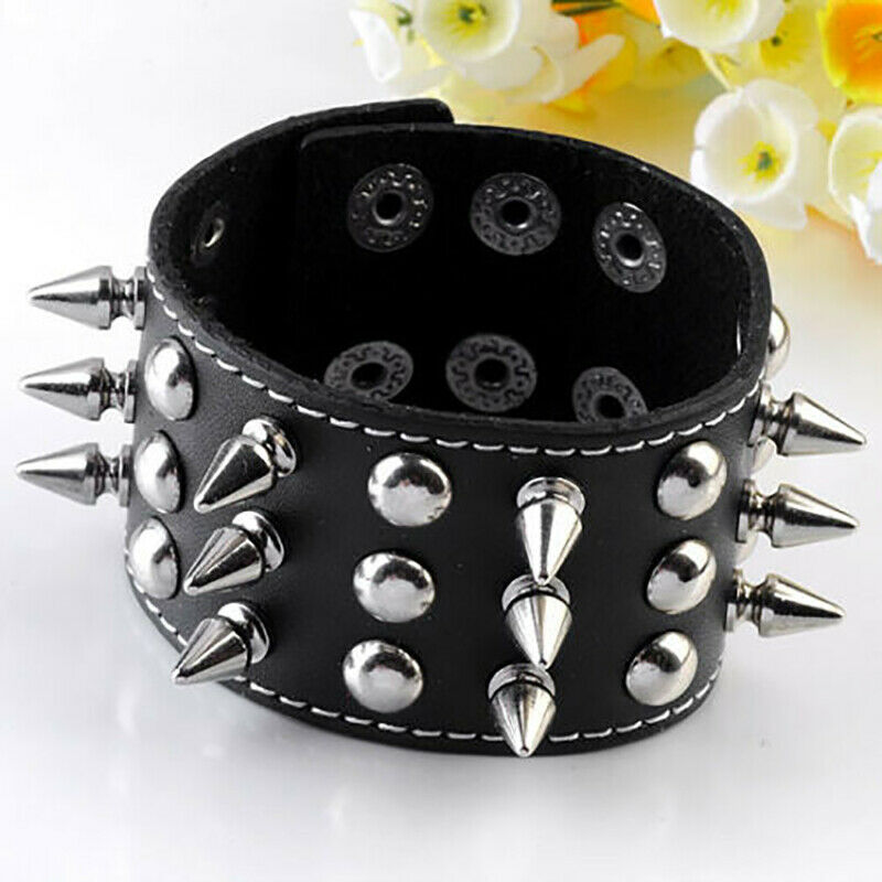 Punk Cowhide Rivet Spike Coin Men Bracelet Gothic Rock Leather Wristband HN US