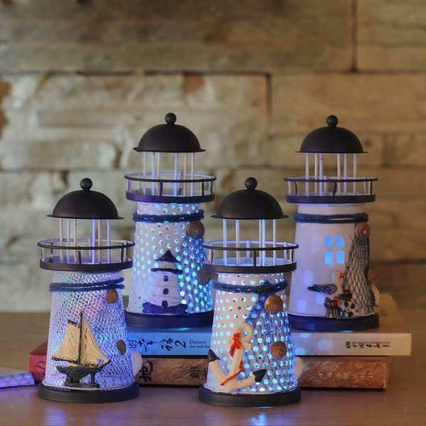 Mediterranean Lighthouse Iron Candle Light Sailing Blue White Table Decor