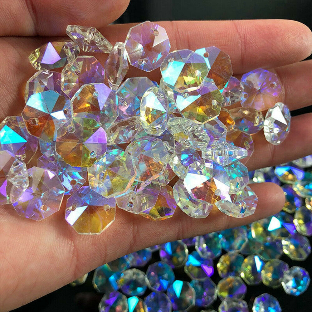 100x AB Aurora Octagonal Bead Crystal Chandelier Suncatcher Prisms Part Pendants