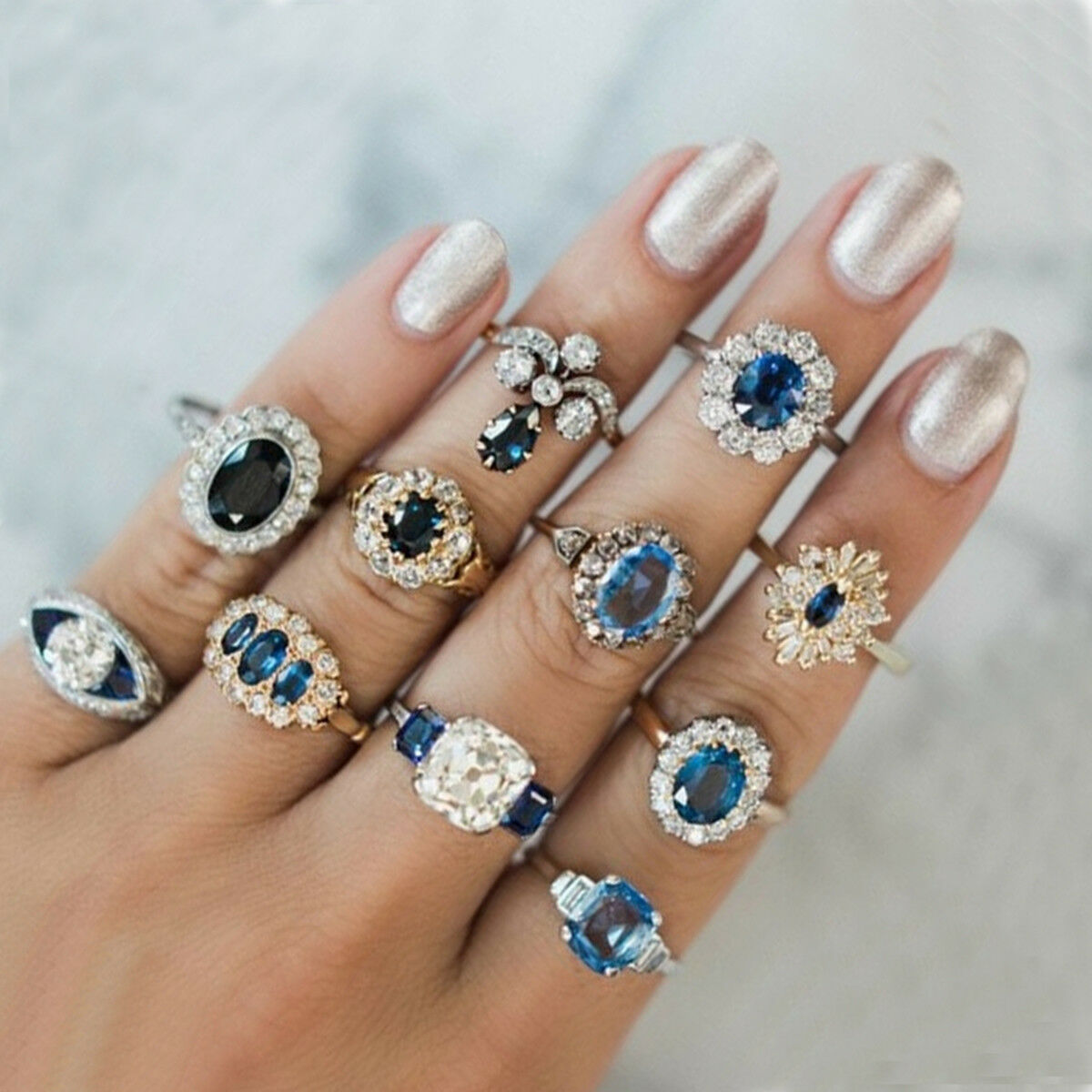 11 Pcs/set Women Blue Sapphire Geometry Round Water Drops Flower Ring Set