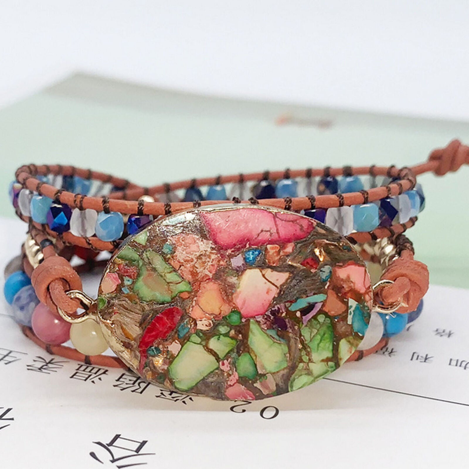 Chakra Colorful Copper Imperial Jasper Leather Wrap Boho Women Bracelet