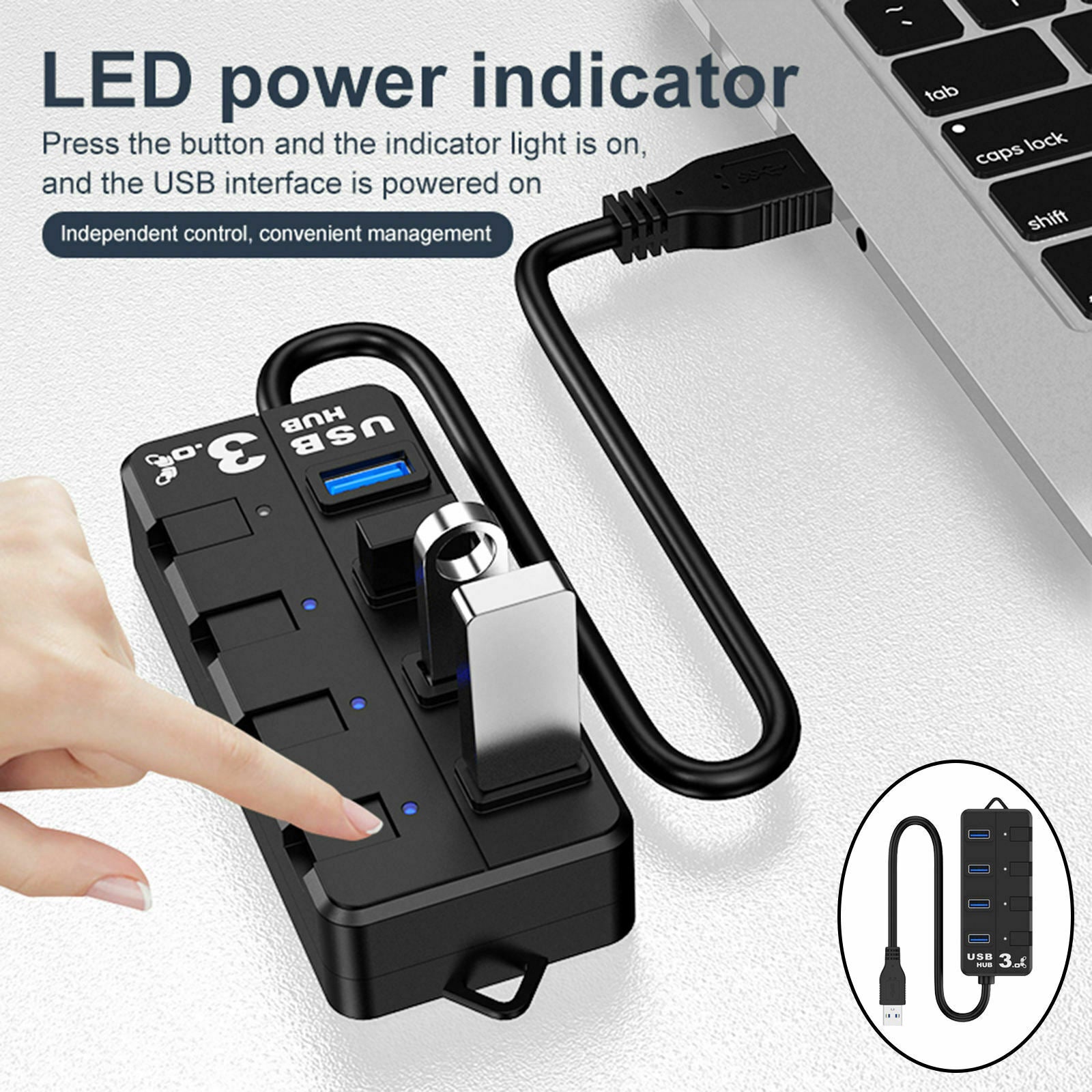4 Port USB 3.0 Hub Splitter w/ Individual On/Off Switches Fast Data Transfer