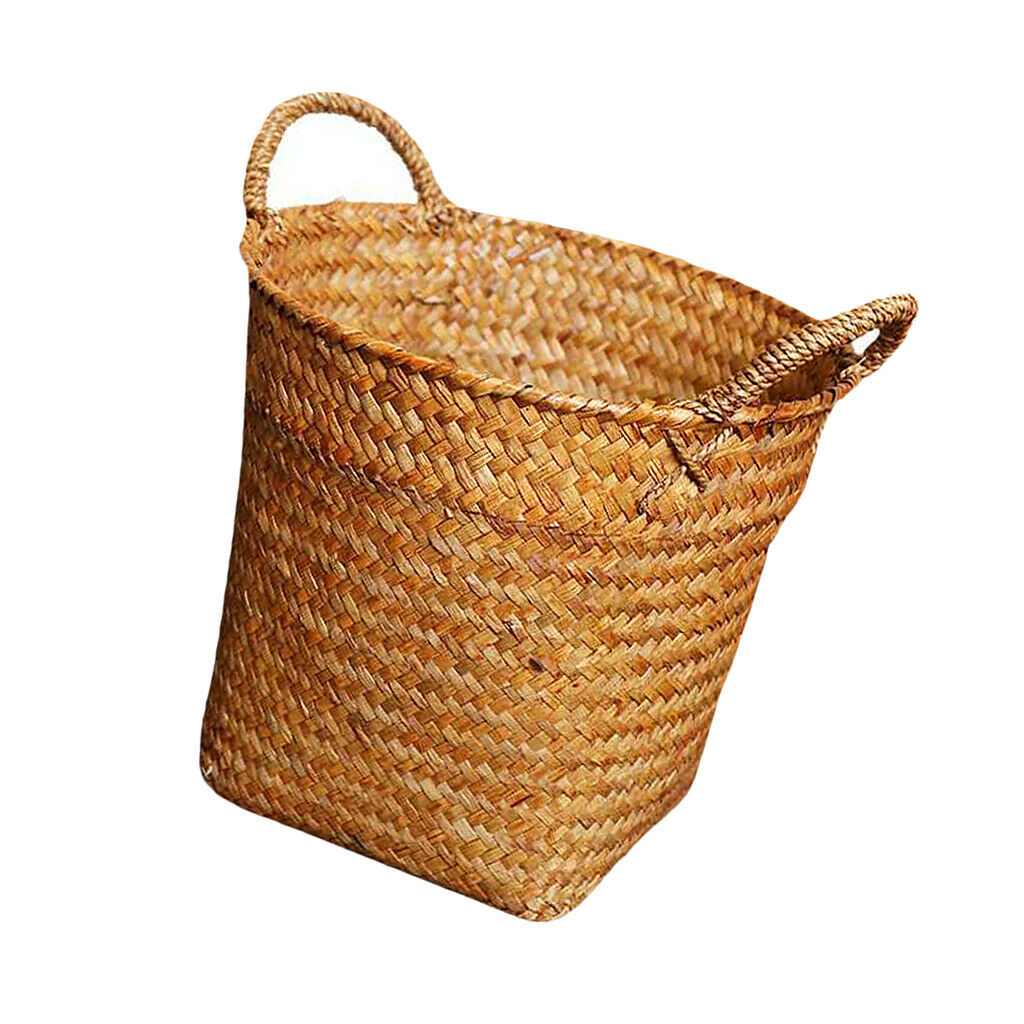 2x Rattan Straw Storage Basket Handcrafts for Grocery Bag Flowerpots 15x18cm